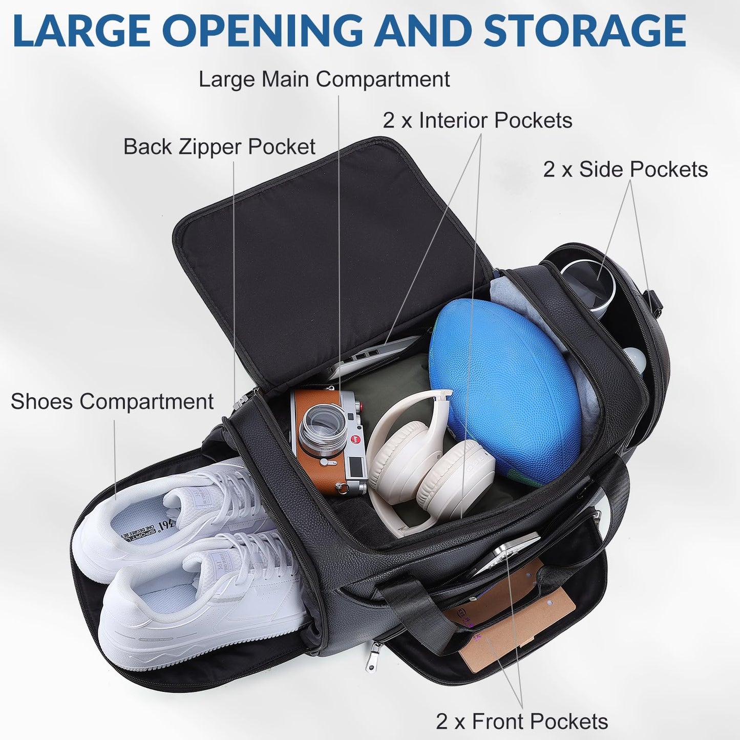 TIDING 21" Leather Travel Duffle Bag for Men Women, 40L Gym Sports Duffel Bag Waterproof Weekender Overnight Luggage Bag with Shoe Compartment