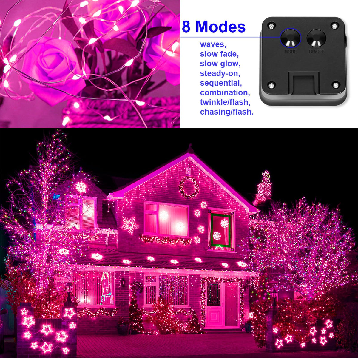 YAOZHOU Solar Christmas String Lights Pink Outdoor Waterproof 100 LED（2 Pack） 8 Modes Copper String Lights Fairy Lights for Valentines Day Garden, Patio, Fence, Balcony, Outdoors(Pink 2pcs