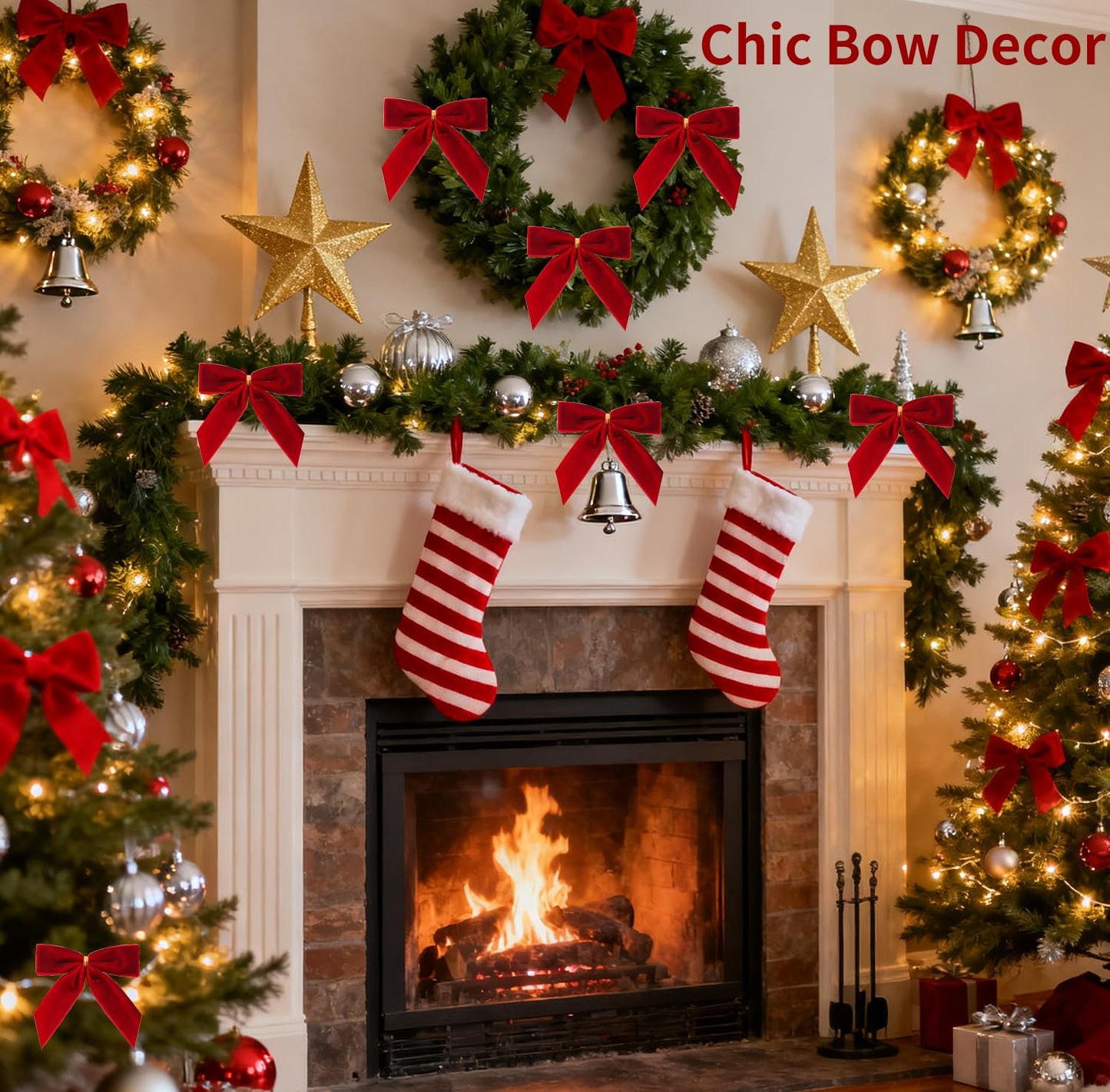 24 Pcs Red Small Velvet Christmas Bows for Christmas Tree Decorations, 3.5 Inch Xmas Velvet Ribbon Bow Ornaments for Christmas Farmhouse Tree Wreath Garland DIY Craft Gift Wrapping Decorative, 1" W