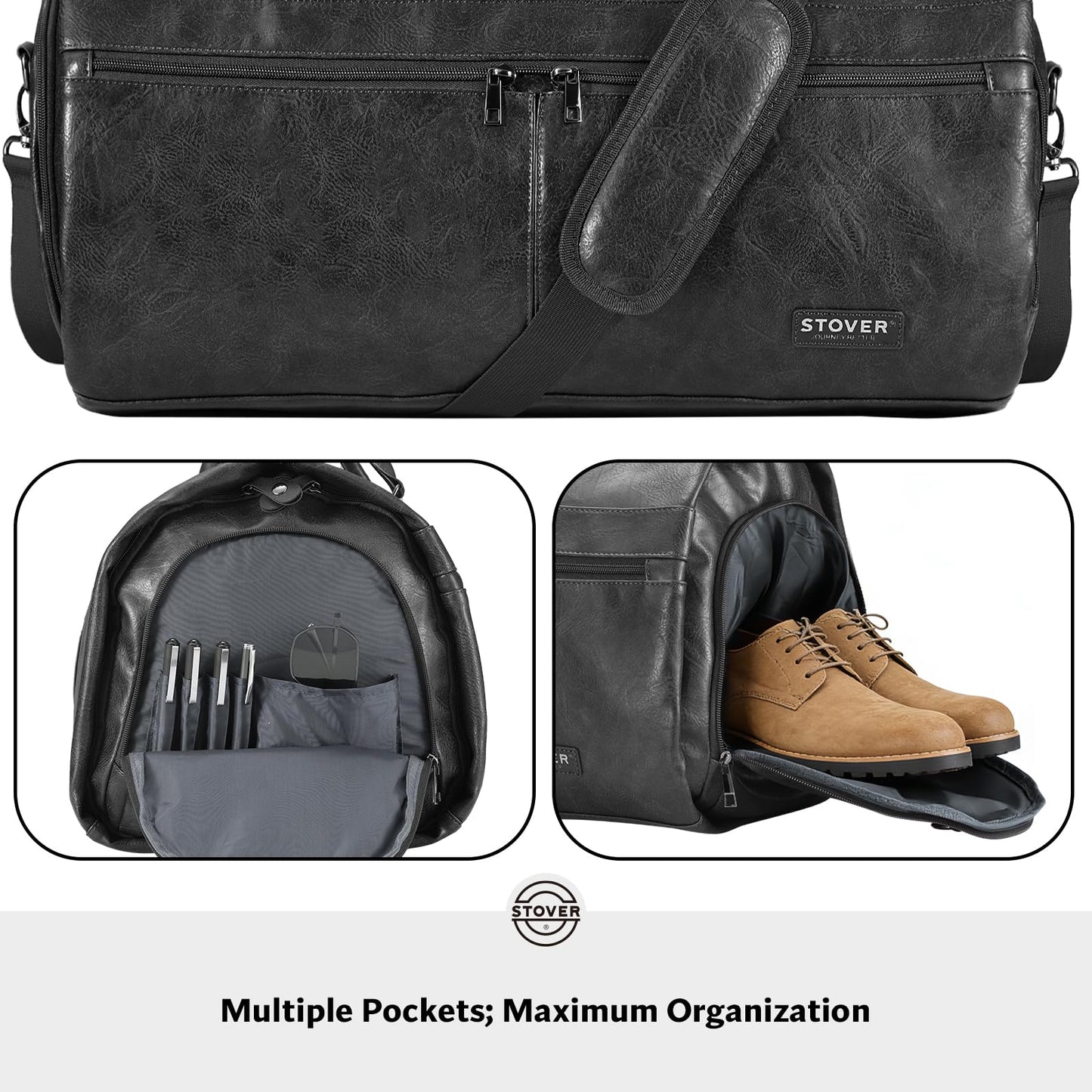 STOVER Garment Travel Duffle Bag, Large 2-in-1 Convertible Carry-on Luggage for Men & Women- Hanging Suits, Dresses & Clothes + Shoe Compartment- Weekender Tote Combo Duffel (Black Leatherette)