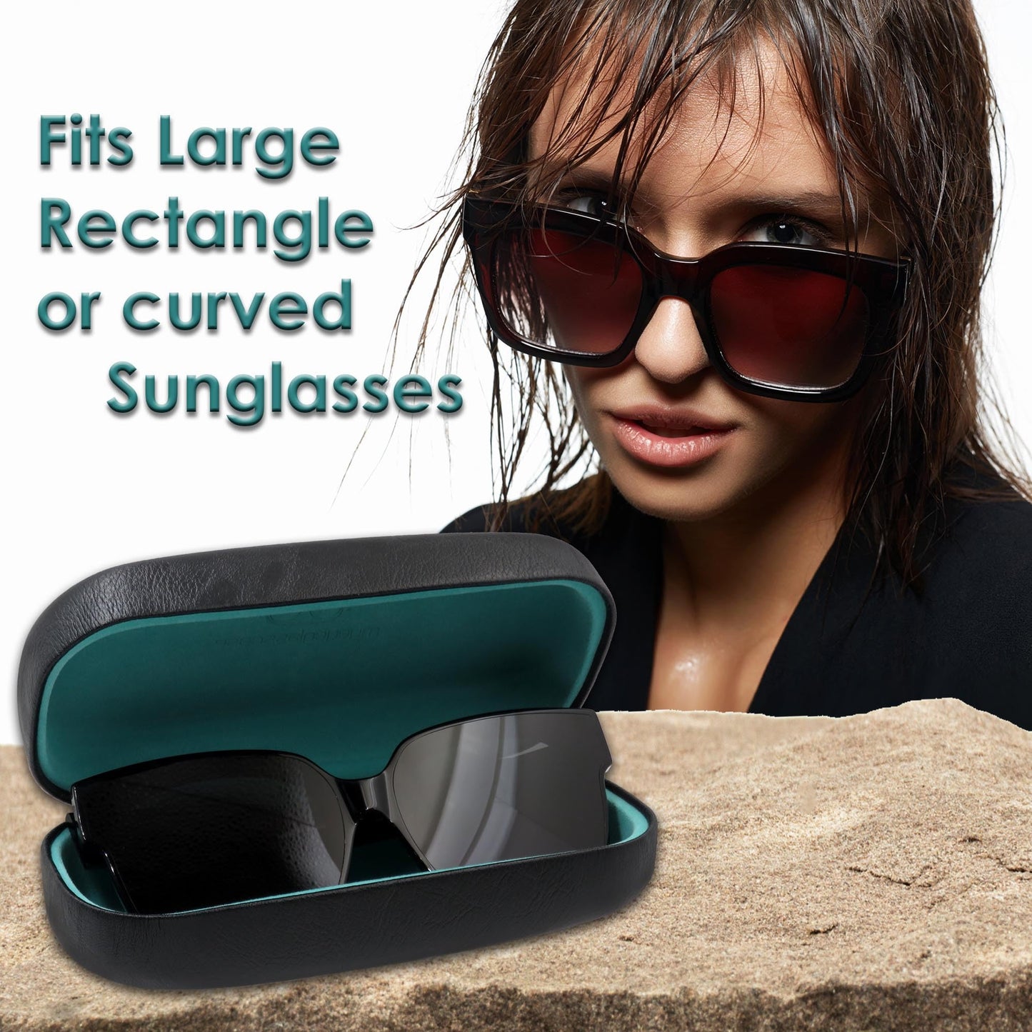 MyEyeglassCase EXTRA LARGE case for straight Rectangle in Distressed Leather-Like Glasses Case – Over size Sunglass Holder Hard Shell durable and safe – Includes Pouch & Cloth (AS505 Black/Teal)