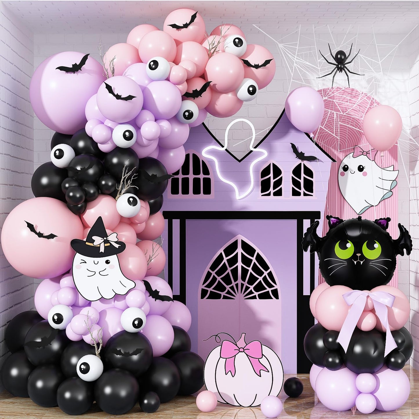 Halloween Balloon Garland Arch Kit, Light Pink Pastel Purple Black Spooky White Eyeball Latex Balloons with Scary 3D Bats Foil Balloon for Kid Halloween Party Decor Indoor Outdoor Backdrop Decorations