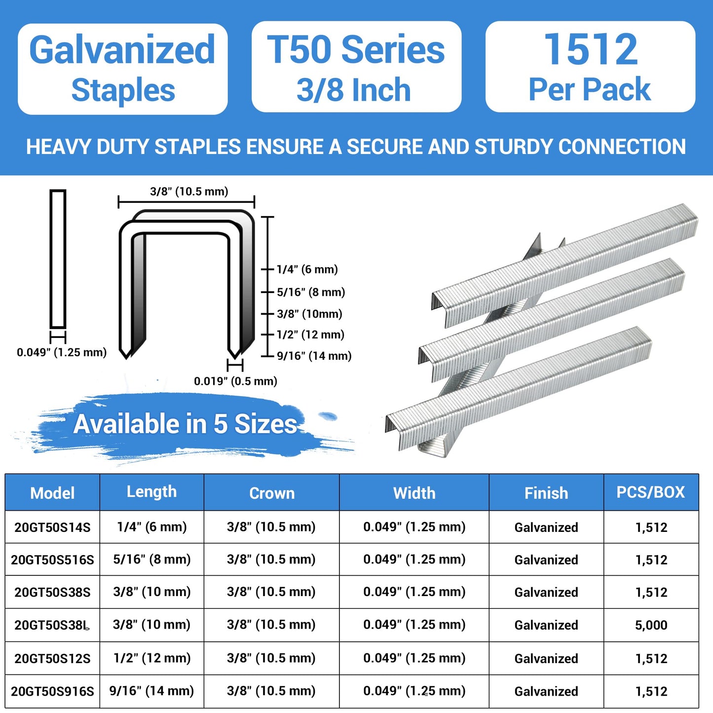 meite Staples for Staple Gun, 3/8 Inch Length Heavy Duty T50 Staples, Galvanized, 20 Gauge 3/8 Inch Crown, Compatible with T50 Staple Gun, Ideal for Upholstery, Construction, Furniture (1,512 Counts)