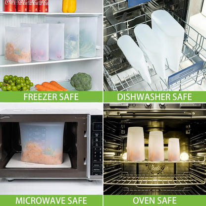 Reusable Food Bags, 12 Pack 100% Silicone Food Storage Bags Stand Up Zip Lock Container, Freezer Microwave Oven Dishwasher Safe, 4 Medium 4 Small 4 Extra Small, Aqua