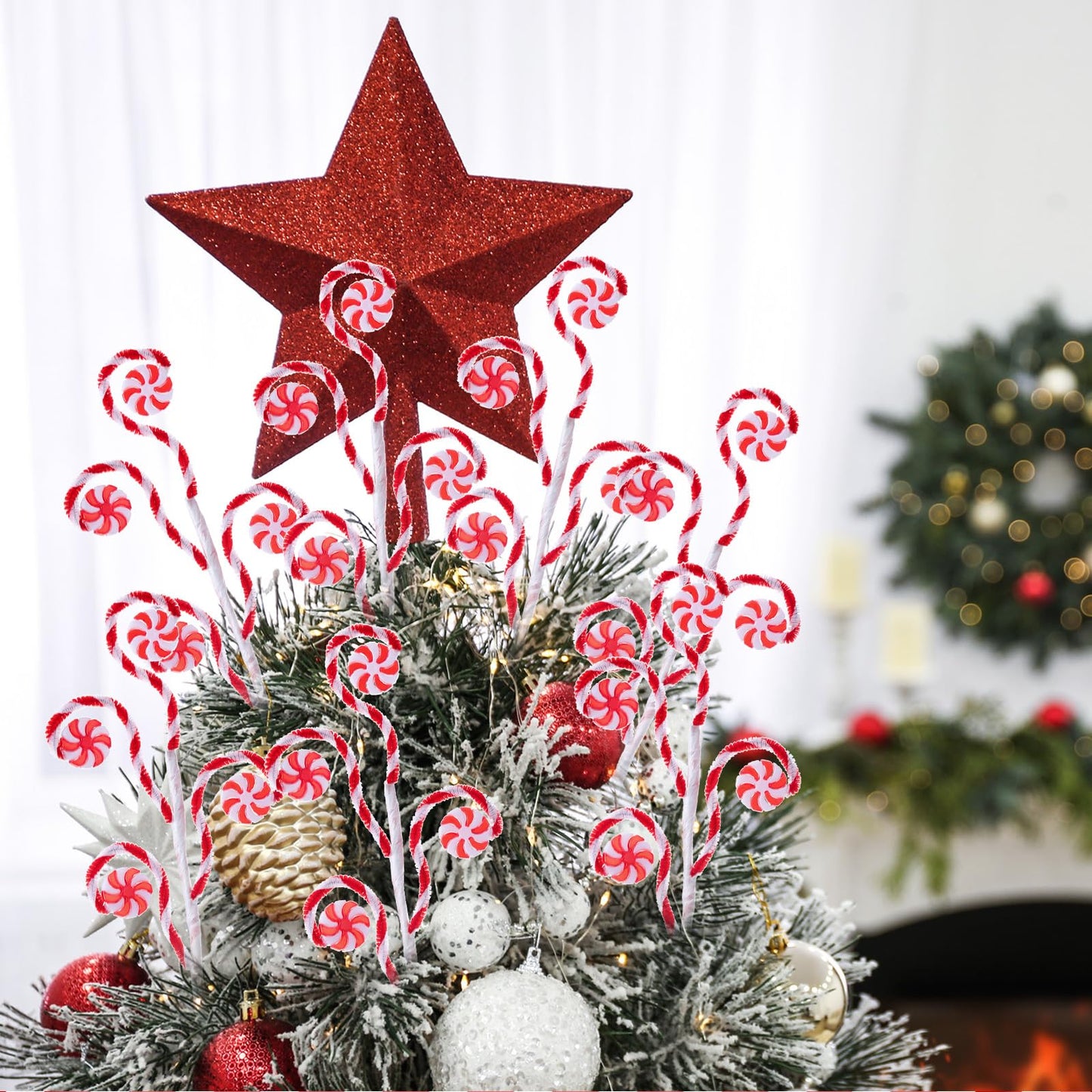 Suncalla 12 Pcs Red White Candy Cane Christmas Picks 16" Large Furry Spiral Curly Sprays Elf Ornaments Stems for Christmas Tree Topper Filler Party Vase Filler Wreath Garland