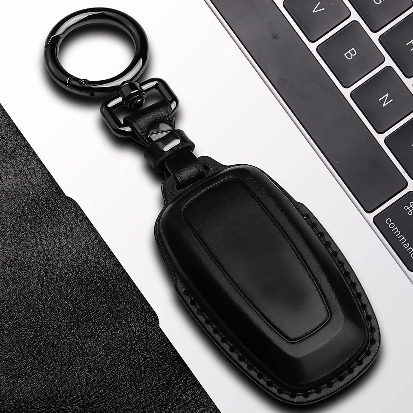 Tukellen for Ford Leather Key Fob Cover with Keychain Compatible with Ford Explorer Mustang Fusion Escape F150 F250 F350 F450 F550 Edge-Black