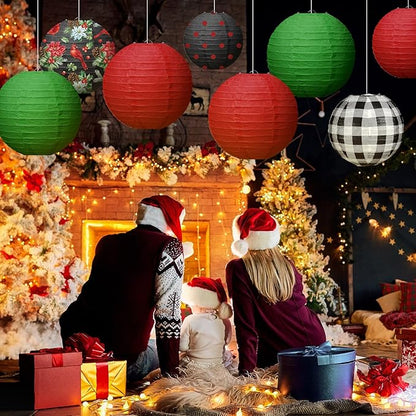 Bencailor 12 Pcs Christmas Hanging Paper Lanterns Set Decorative Party Round Hanging Lamps for Xmas Home Decoration Supplies Props Holiday Decor(12, 10, 8 Inch,Plaid)