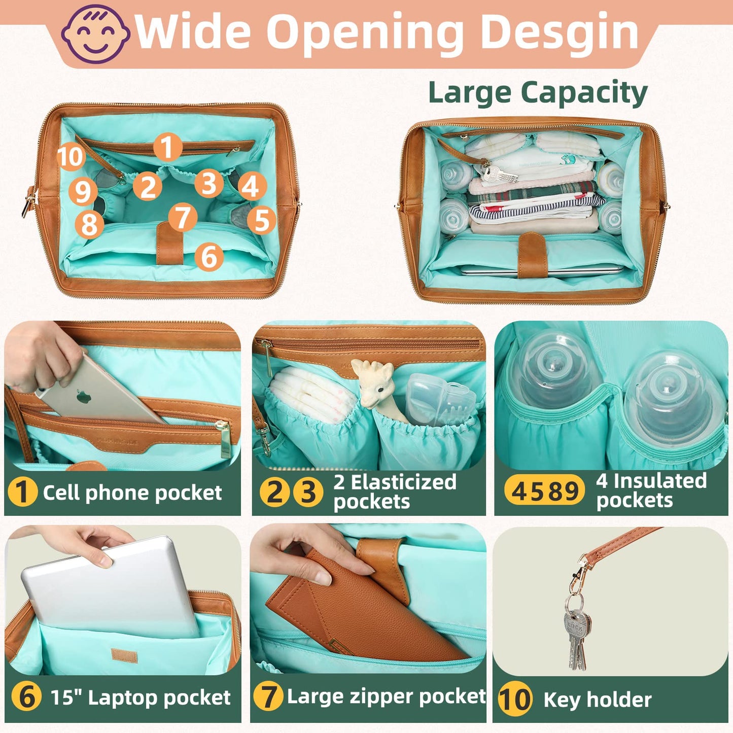 MOMINSIDE Diaper Bag Backpack, Leather Diaper Bag Baby Bag Large Baby Diaper bag Mommy Bag with 16 Pockets,Hospital Bag, Changing Pad, Brown