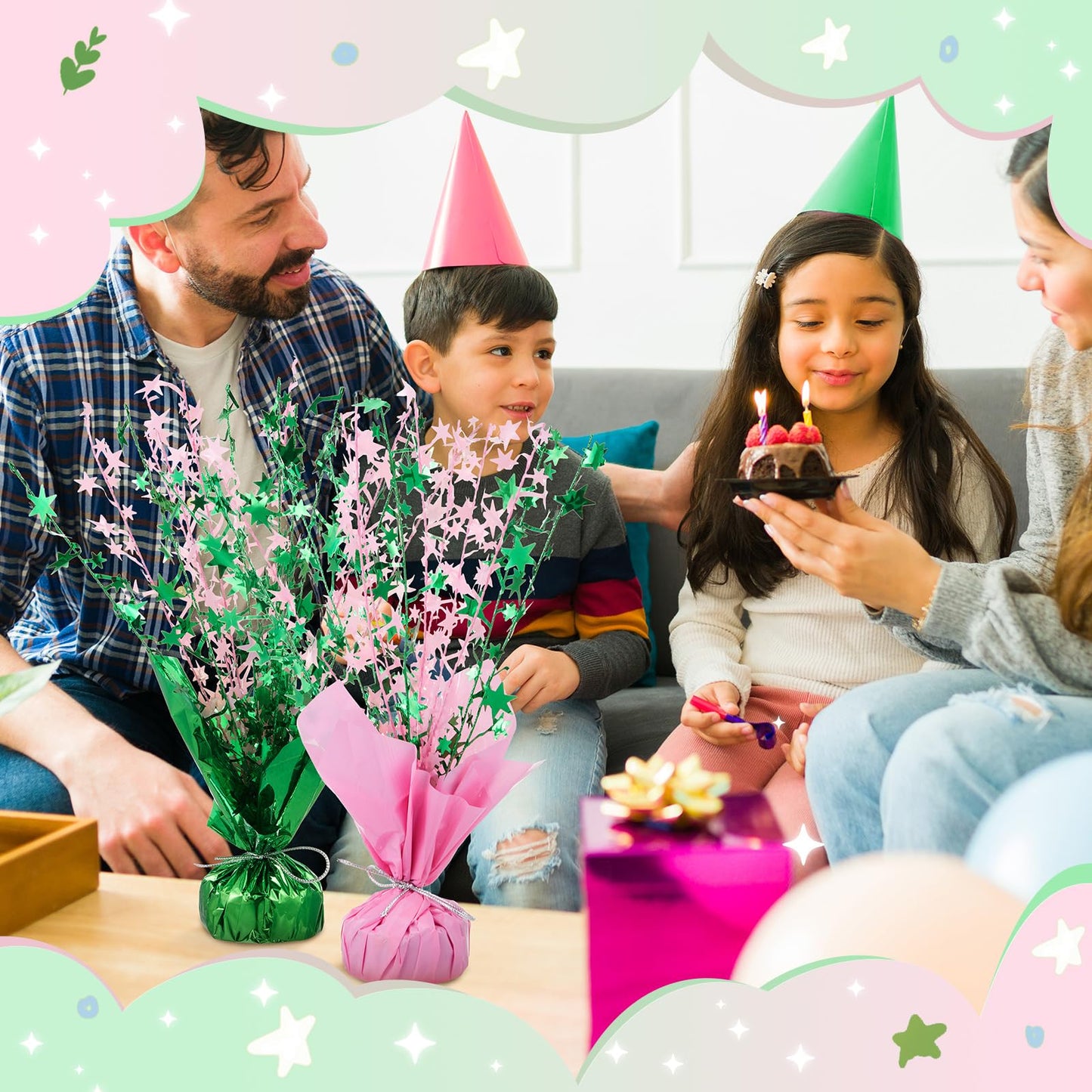 Geelin 6 Pack Pink and Green Witch Party Centerpieces, Metallic Foil Spray Star Table Decorations for Witch Princess Sorority Birthday Holiday and Fantasy Theme Celebrations