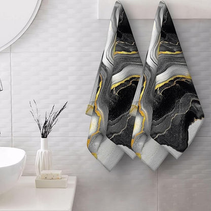 Black Gold Grey Marble Hand Towels for Bathroom 14x28 Inch, Abstract Modern Decorative Bath Towels Set of 2 for Farmhouse Gym Kitchen Hotel Bathroom Home Decorations