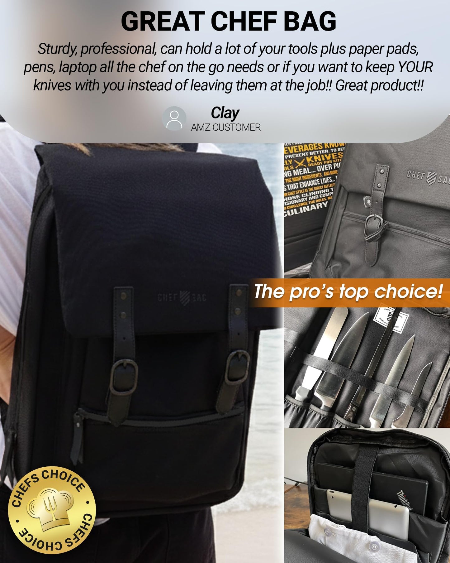 Chef Knife Bag Vintage Backpack VINTAGE, Professional Knife Carrying Case for Chefs & Culinary Students, 30+ Pockets, Holds 10" Knives, Water-Resistant 600D Material (Night Black)