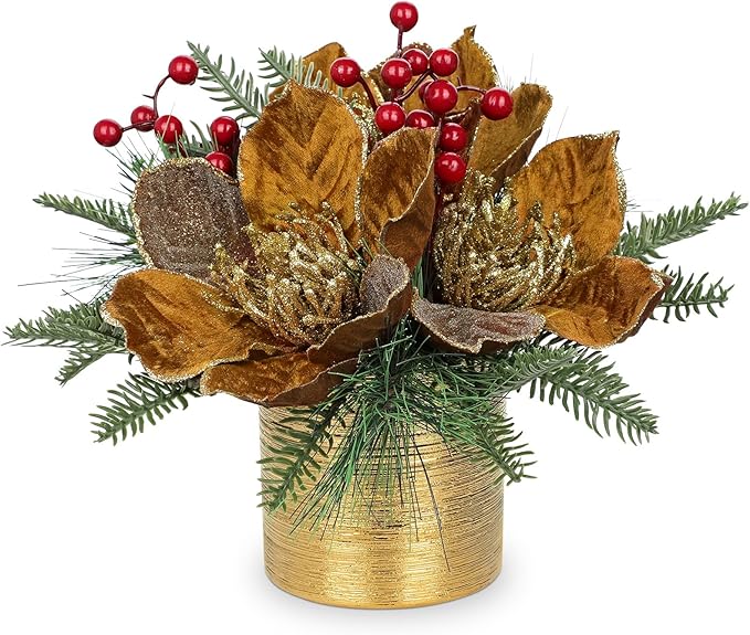 13 inch Brown Christmas Table Centerpiece 5" Glitter Magnolia Flower and Berries Fir Greenery Artificial Christmas Floral Centerpiece in Ceramic Pot Tabletop Xmas Table Arrangement Decoration