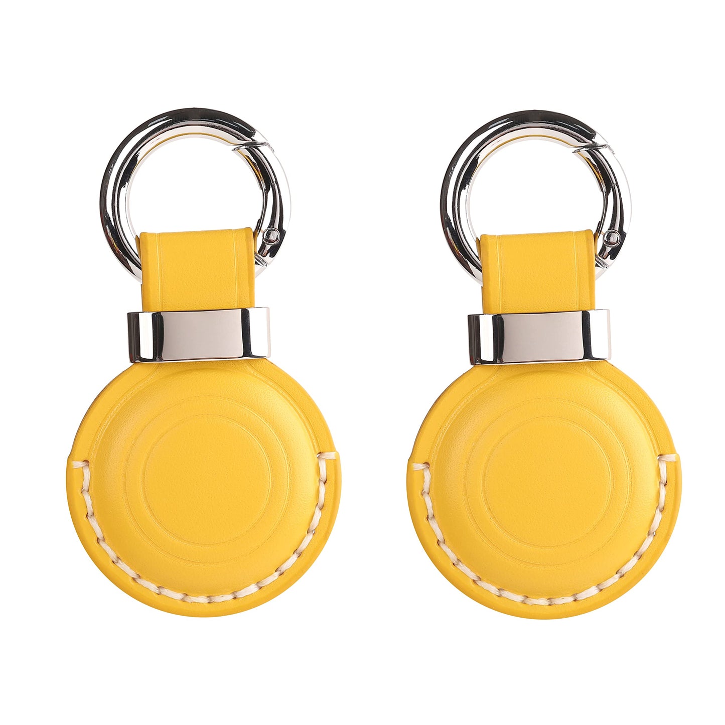 2 Pack LQU Genuine Leather Keychain Holder Compatible with Airtag, Secure Air Tag Keychain Holder Case Cover Key Chain Ring Accessories for Air Tag - Yellow V2.0