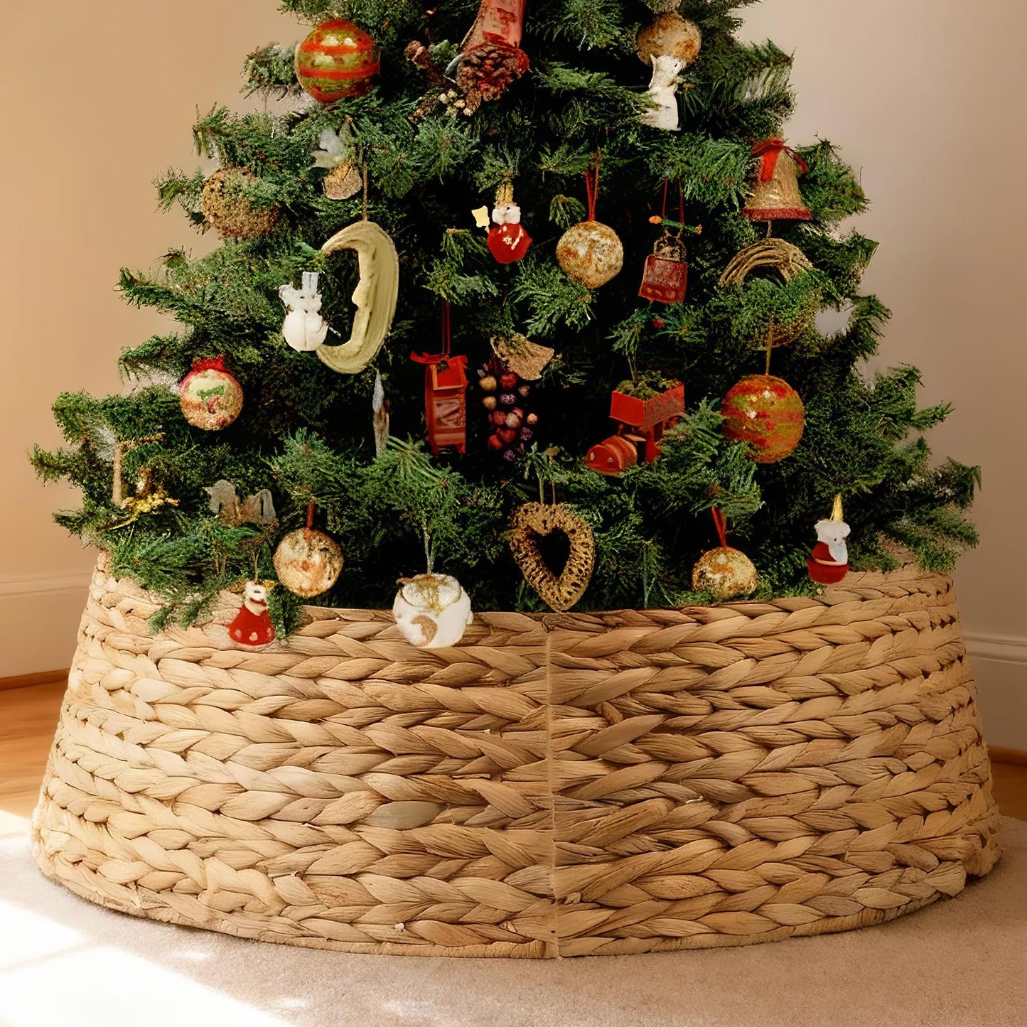 27" Christmas Tree Collar, Hand Woven Hyacinth Christmas Tree Base - 4 Piece Rustic Farmhouse Style Tree Skirt Replacements for Artificial Trees, Fits Below 26" Tree Stand, Natural Hyacinth