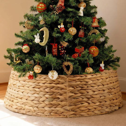 27" Christmas Tree Collar, Hand Woven Hyacinth Christmas Tree Base - 4 Piece Rustic Farmhouse Style Tree Skirt Replacements for Artificial Trees, Fits Below 26" Tree Stand, Natural Hyacinth