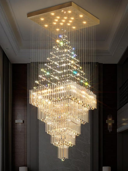 D40''X H80'' Extra Large Chandeliers for High Ceilings Crystal Raindrop Gold Chandeliers Large Villa Chandelier Entrance Foyer Square Ceiling Light LED Dimmable 2700K-6000K 16 led bulbs include