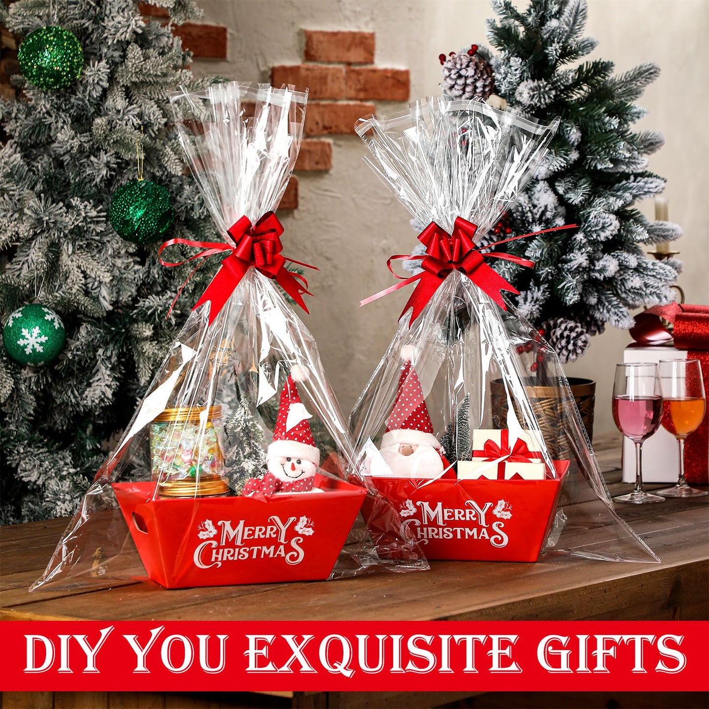 Cholemy 24 Sets Christmas Basket for Gifts Empty 10 x 8 Inch Sturdy Empty Gift Basket Bulk with Handle Large Cardboard Gift Baskets Trays to Fill Wine Candy for Xmas Holiday Birthday Party Supply
