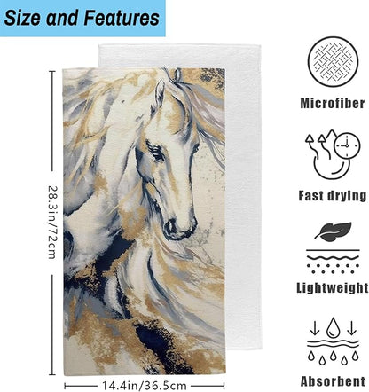 Golden Horse Oil Painting Kitchen Hand Towel Set of 2, Abstract Art Painting