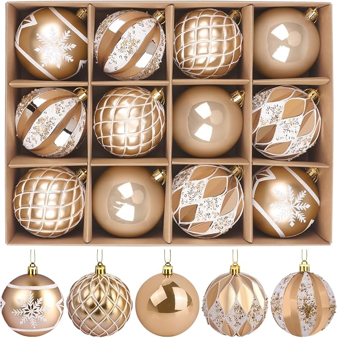 EveryMerry 12-Pack 3.15 Inch Christmas Ornaments Set - Champagne White Ornament Balls with 5 Various Designs with Strings, Sturdy, Kraft Box with Lid for Xmas Tree, Holiday Party & Home Decor