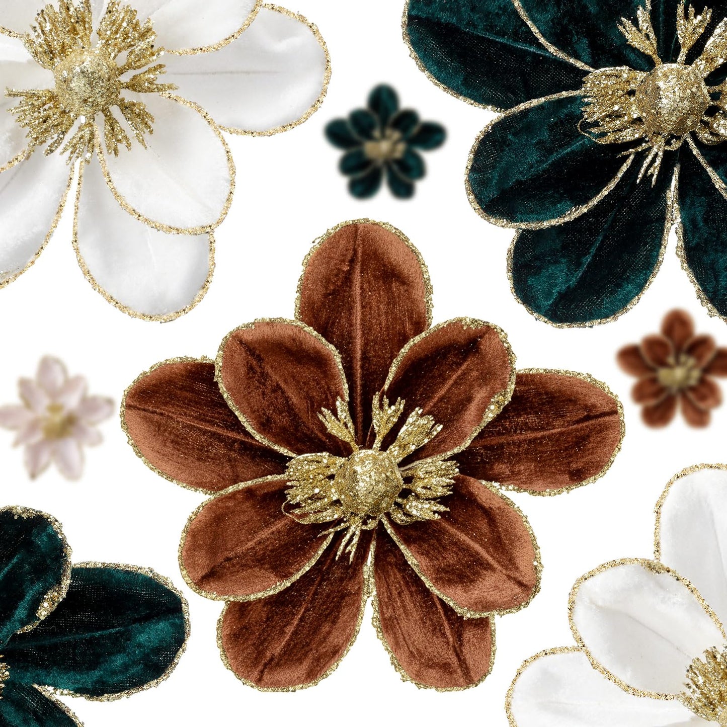 Suncalla 18 Pcs 5.9'' Large Christmas Magnolia Flower Artificial Glitter Velvet Christmas Tree Decoration Fold Xmas Ornaments for Tree Xmas Holiday Wedding Party New Year (Classic,White,Brown,Green)