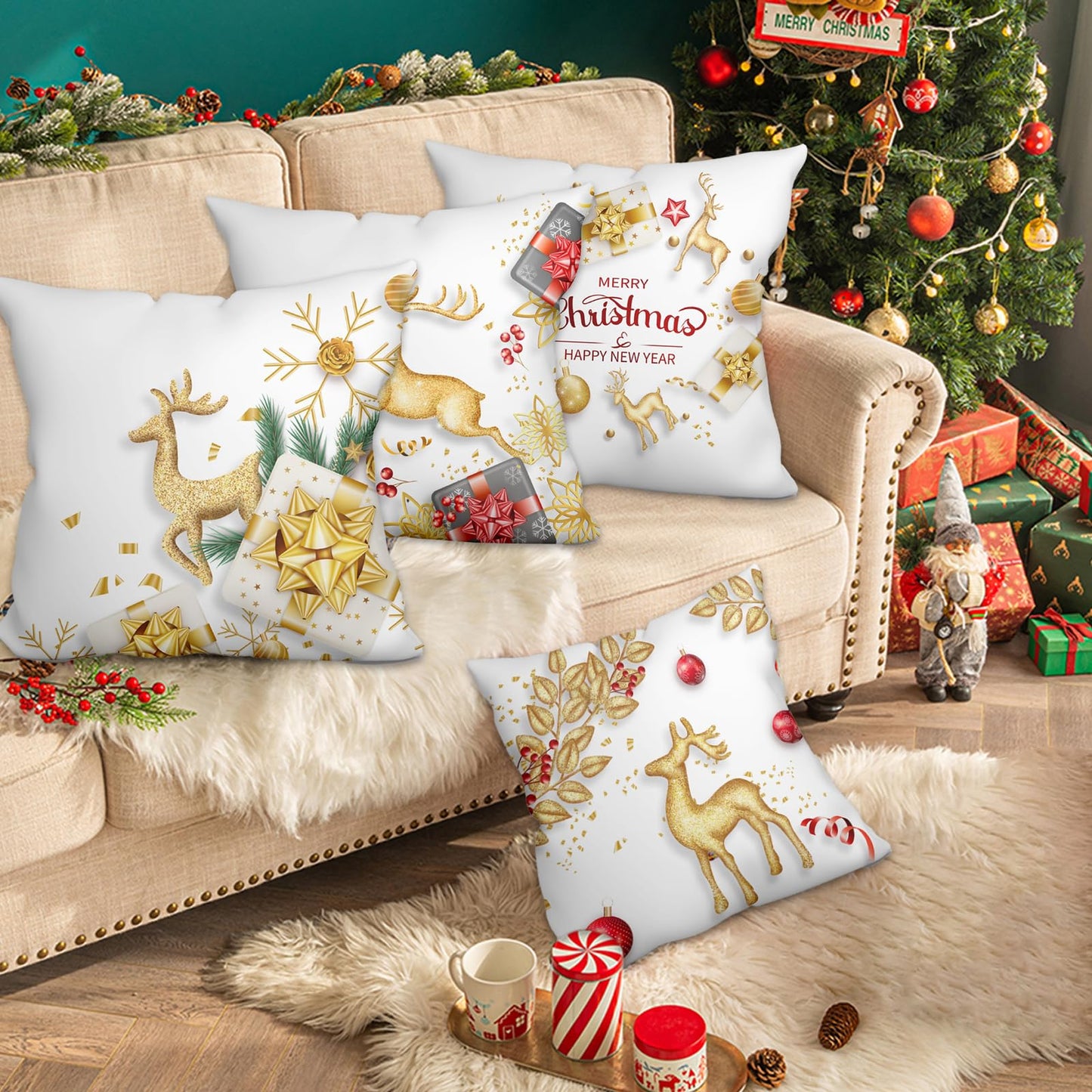 WSZBDY Christmas Throw Pillow Covers White Gold Snowflake Reindeer Christmas Decorations 18X18 inch Set of 4 Winter Christmas Indoor Home Holiday Ornaments Short Push Cushion for Sofa Tree