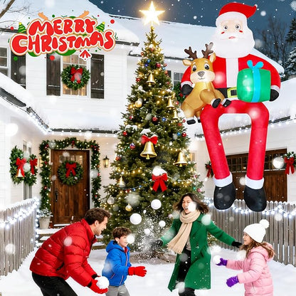 9.5 FT Christmas Inflatable Outdoor Decoration Giant Sitting Santa Claus Christmas Inflatables with LED Lights Climbing Santa Inflatable Blow Up Yard Decorations for Xmas Roof Eaves Lawn