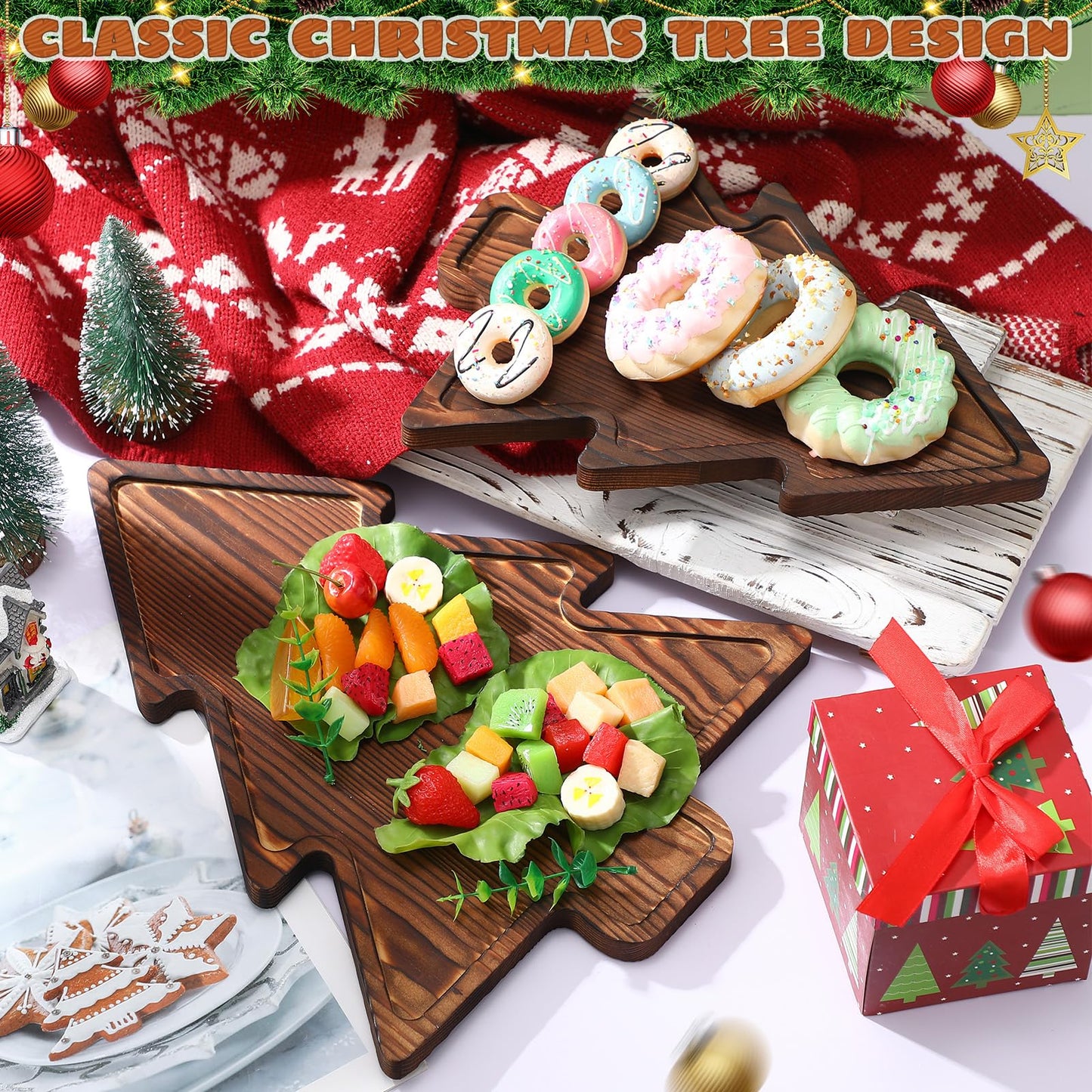 Amyhill Wood 2-Tiered Christmas Tree Tray Cupcake Stand Dessert Display Holiday Serving Platters Xmas Wooden Charcuterie Board for Snacks Food Fruit Appetizers Desserts Cookies (Dark Brown)
