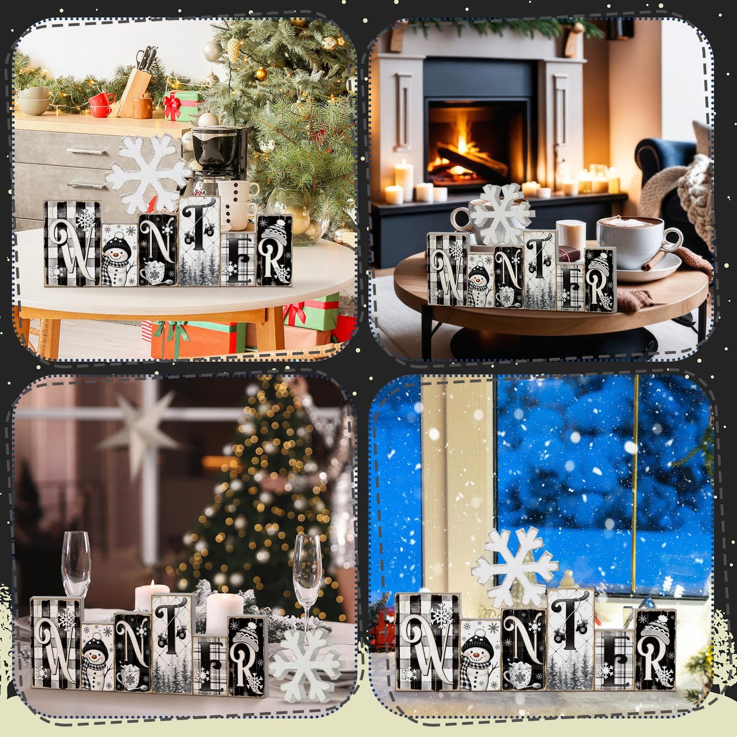 Yousoontic 2 Pcs Winter Table Decor Snowman Christmas Table Centerpieces Black and White Snowman Tiered Tray Decor Snowflake Block Signs Winter Decorations for Home Kitchen Office Shelf