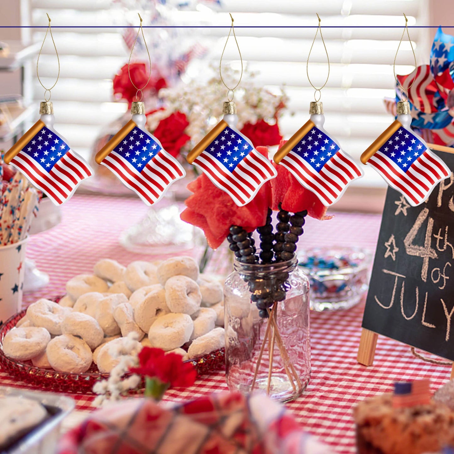 Watayo 8 PCS American Flag Glass Ornaments, Patriotic Glass Blown Flag Ornaments, 4th of July USA Flags Hanging Tree Decorations for Independence Memorial Veterans Day Decor