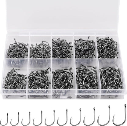 ReeMoo Premium Fishing Hooks - 500PCS Carbon Steel Set | 10 Sizes with Portable Box for Freshwater & Seawater