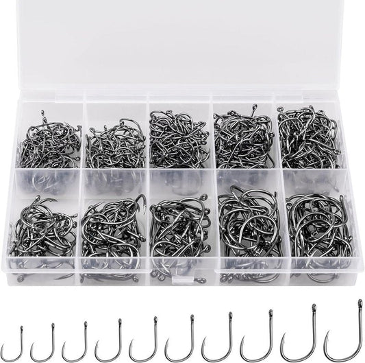 ReeMoo Premium Fishing Hooks - 500PCS Carbon Steel Set | 10 Sizes with Portable Box for Freshwater & Seawater