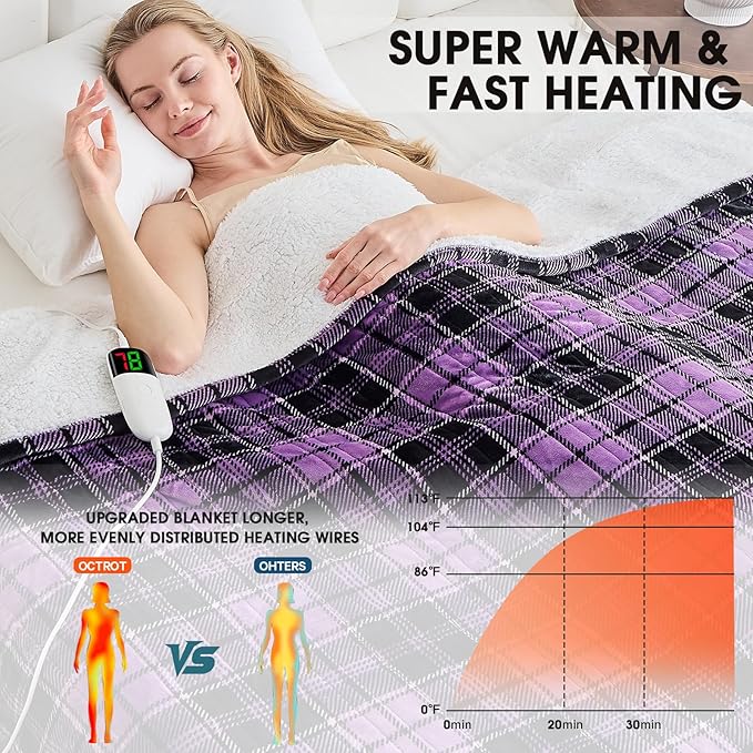 Heated Blanket Electric Full Size,72X84 Heating Blanket,Brown Plaid Soft Sherpa Blankets Warmer Gift for Grandma Women Adult,Fast Heating Washable