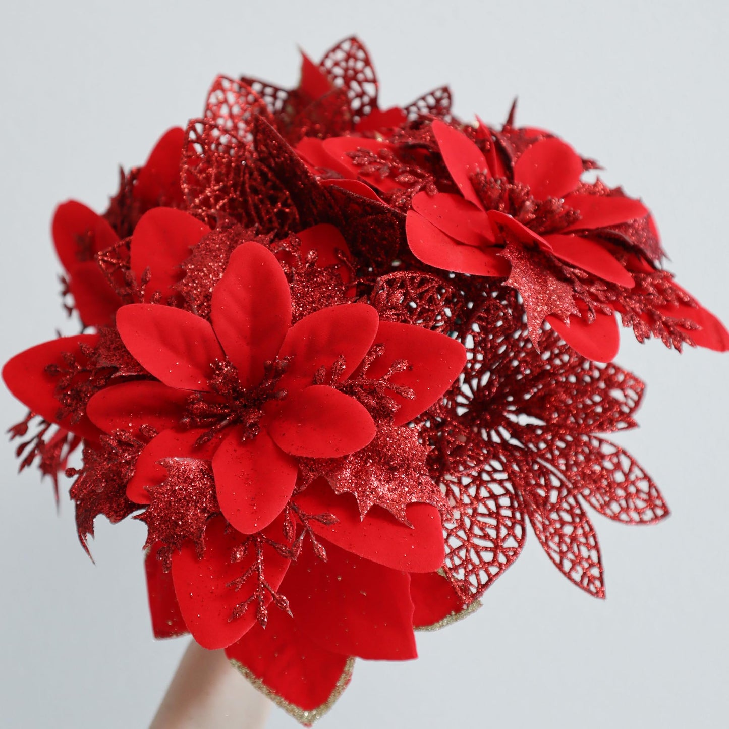 Asano Season 48 Pcs Fake Poinsettia Glitter Flowers and Berry Stems Artificial Red Christmas Flower with Clips Decoration for Xmas Tree Ornaments Party Wreath Decor (Red)
