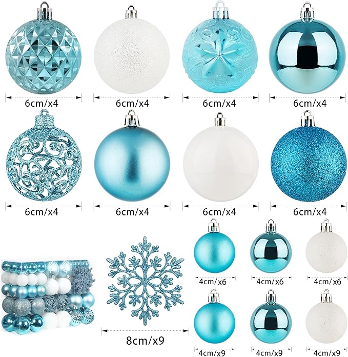 SY CRAFT 86 Pieces of Assorted Shatterproof Christmas Ball Snowflake Ornaments Seasonal Decorative Hanging Ornament Set with Hand-held Gift Package for Xmas Tree Decorations (Light Blue)