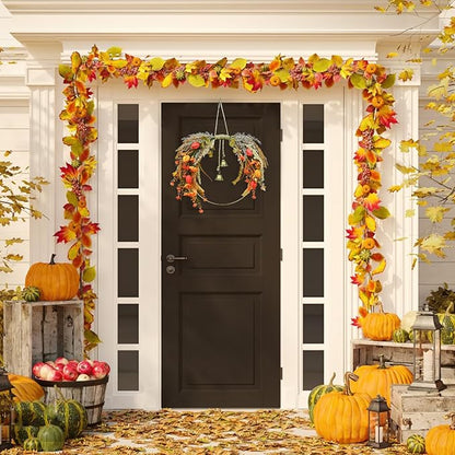Fall Leaves Wreaths for Front Door Outside Fall Wreath with Colorful Mixed Leaves, Autumn Eucalyptus Artificial Wreath for Thanksgiving Front Door Window Home Wall Farmhouse Outdoor Indoor Décor
