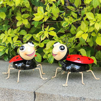 Metal Yard Art Garden Decor for Outside Cute Red Ladybugs Lawn Patio Ornaments Backyard Decorations Garden Gifts for Mom - Set of 2
