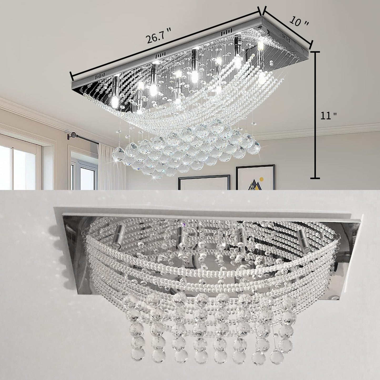 Silver Rectangle Crystal Raindrop Chandelier for Living Room, 8 Lights Modern Flush Mount Crystal Ceiling Light Fixture Pendant Lamp for Kitchen Island, Dining Room, Closet, Wedding Decor of CRYSTOP