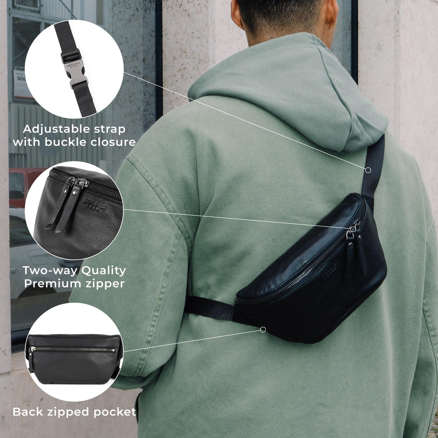 Berliner Bags Premium Genuine Leather Fanny Pack Noah, Belt Bag, Crossbody Sling Bag for Men and Women, Gift for Dad - Black