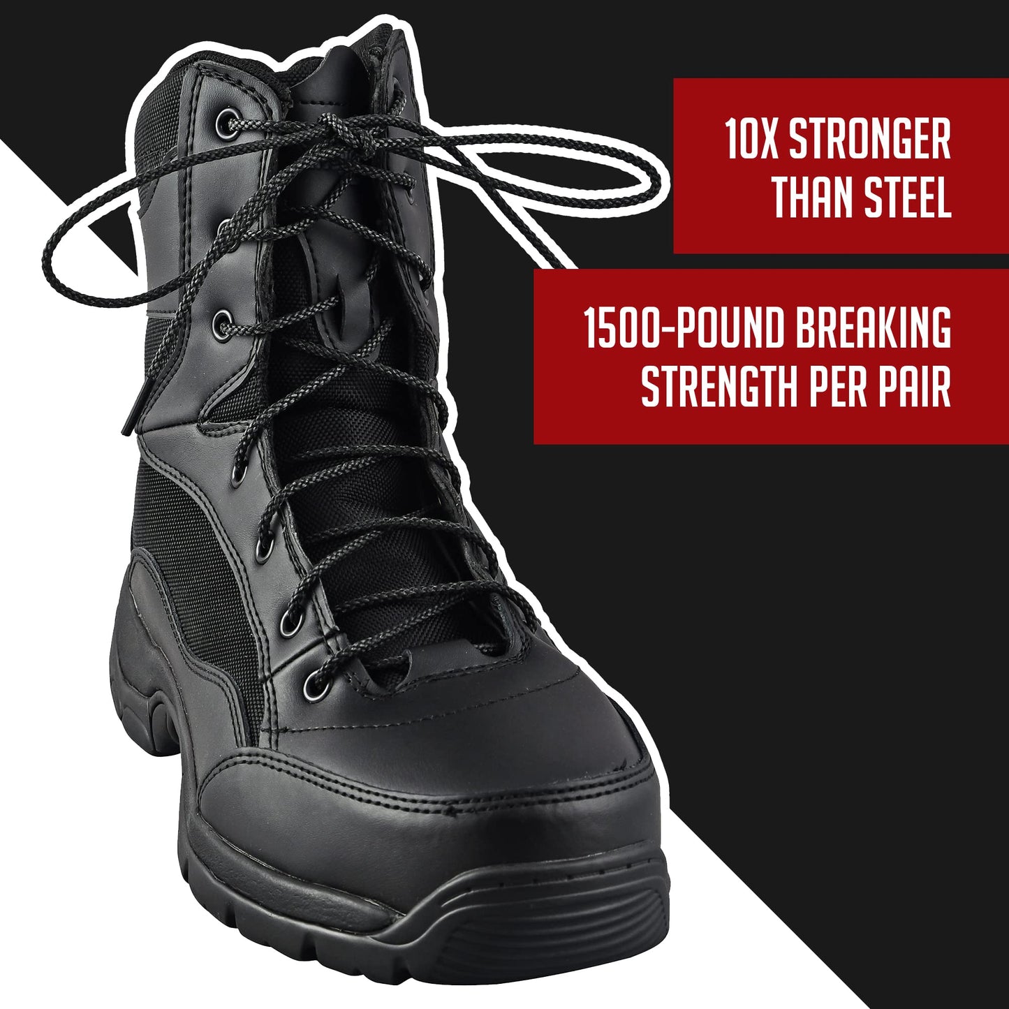 IRONLACE Unbreakable Round Bootlaces - Indestructible, Waterproof & Fire Resistant Boot & Shoe Laces, 1500-Pound Breaking Strength/Pair, Black, 54-Inch, 3.2mm Diameter, 1-Pair