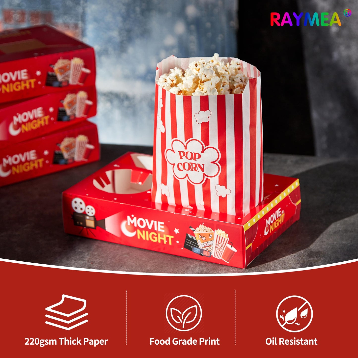 RAYMEA 24Pcs Movie Night Supplies Disposable Paper Movie Snack Trays (12ct) and Retro Style Large Capacity Popcorn Bags(12ct), Drink & Candy Snack Boxes for Cinema Family Birthday Parties