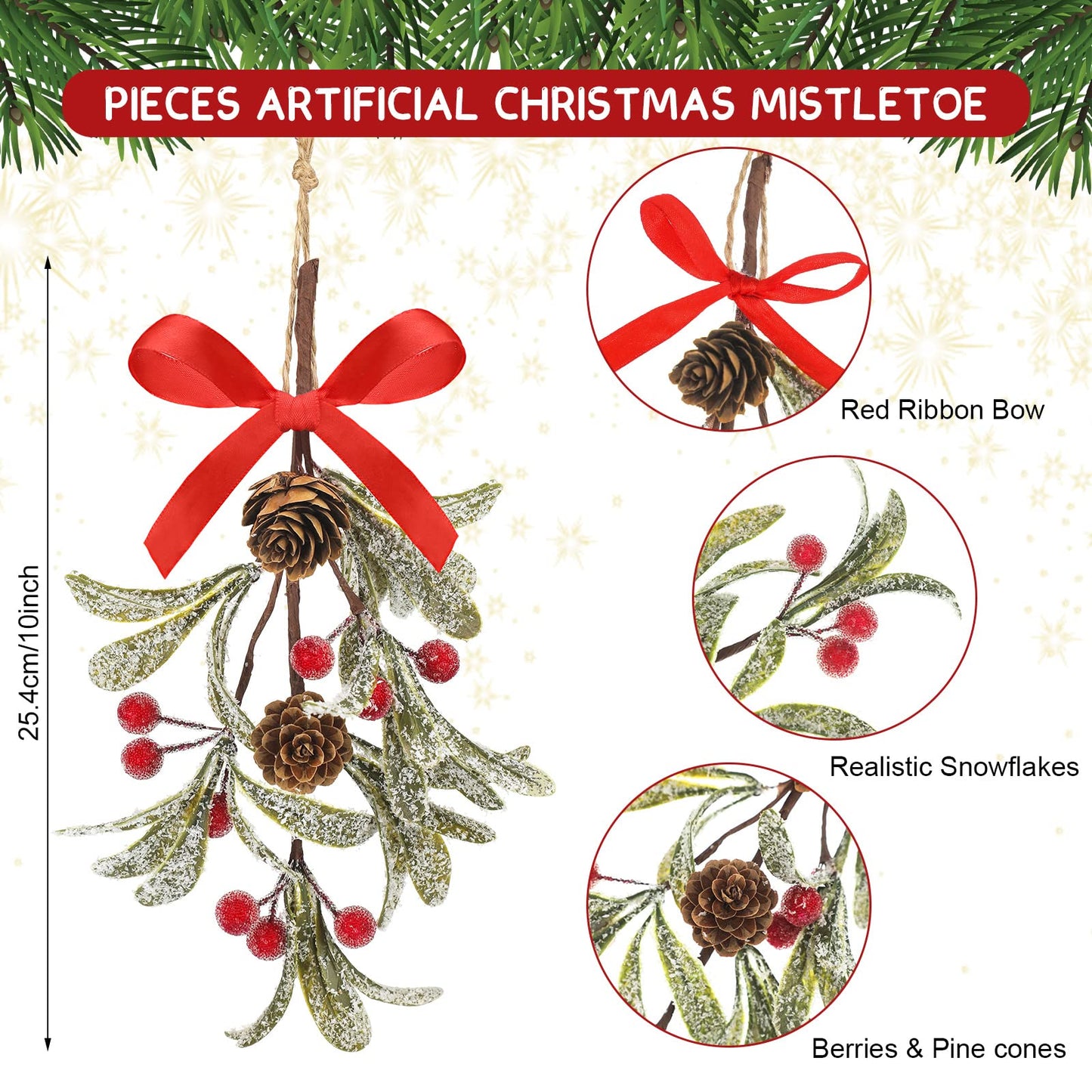 Giegxin 1 Piece Christmas Artificial Mistletoe Ornament with Bow Christmas Hanging Mistletoe Decoration Bouquet Floral Natural Pine Cones Holiday Decor Ornament Bouquet (Stylish Style,Red)