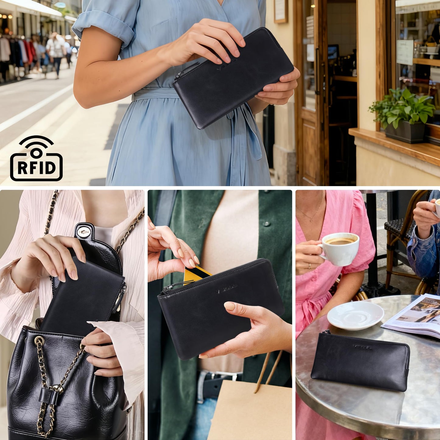 VISOUL Long Zipper Cash Wallet for Men and Women with Removable Credit Card Holder, Soft Genuine Leather Clutch Wallet-Black