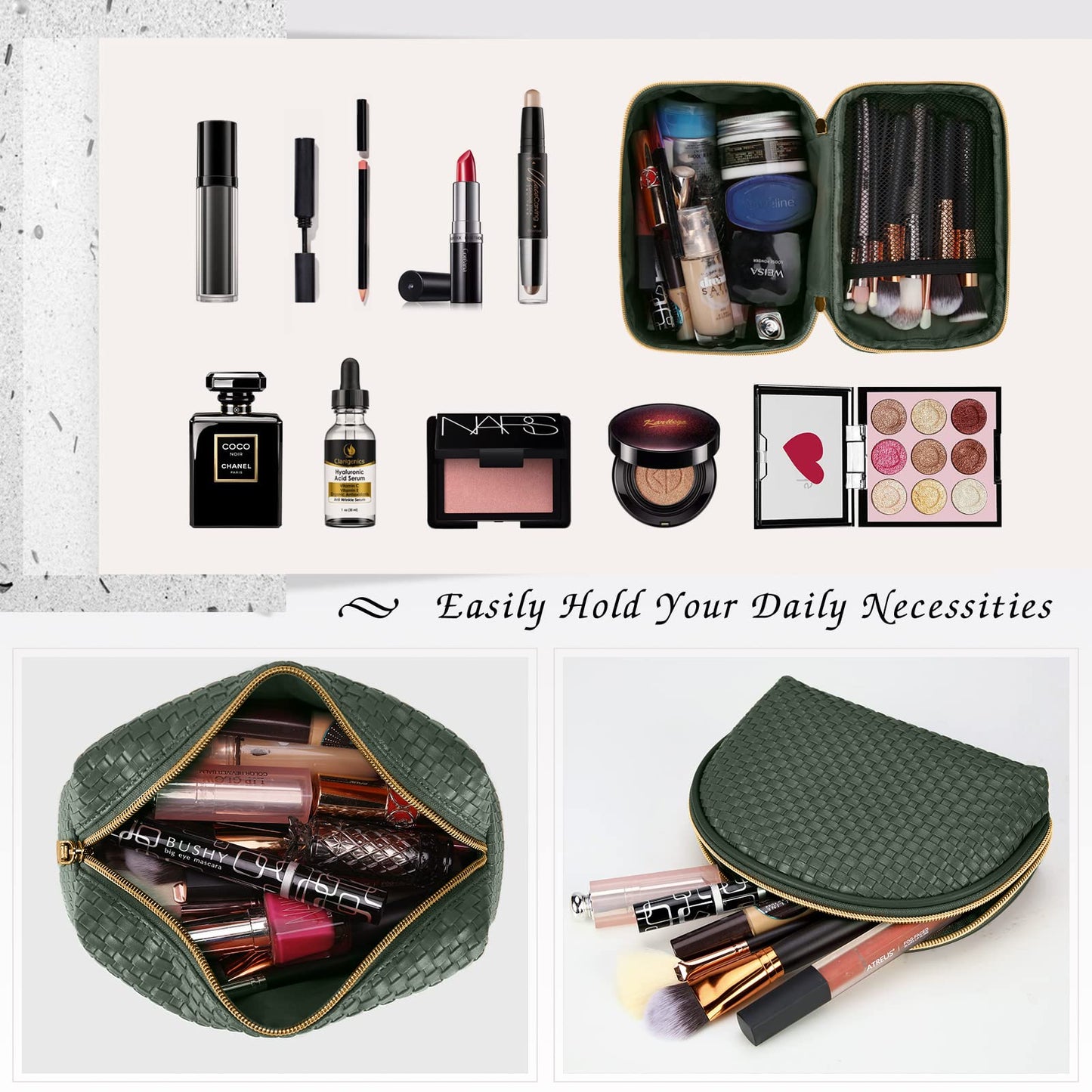 KTMOUW Makeup Bag 3 Pcs Waterproof Cosmetic Bag Set Portable Travel Cosmetic Bag Multifunction Organizer Storage Bag Weave Toiletry Bag for Women, Deep Green