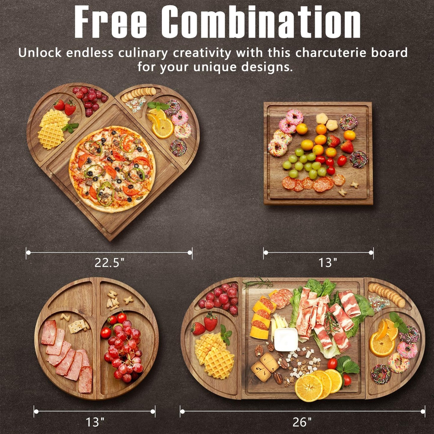 Extra Large Magnetic Charcuterie Board Cheese Board Gift Set 3 Part Square & Round & Heart Shaped Charcuterie Cheese Boards Wooden Tray Serving Board Platter for Valentine (Acacia-Wood)