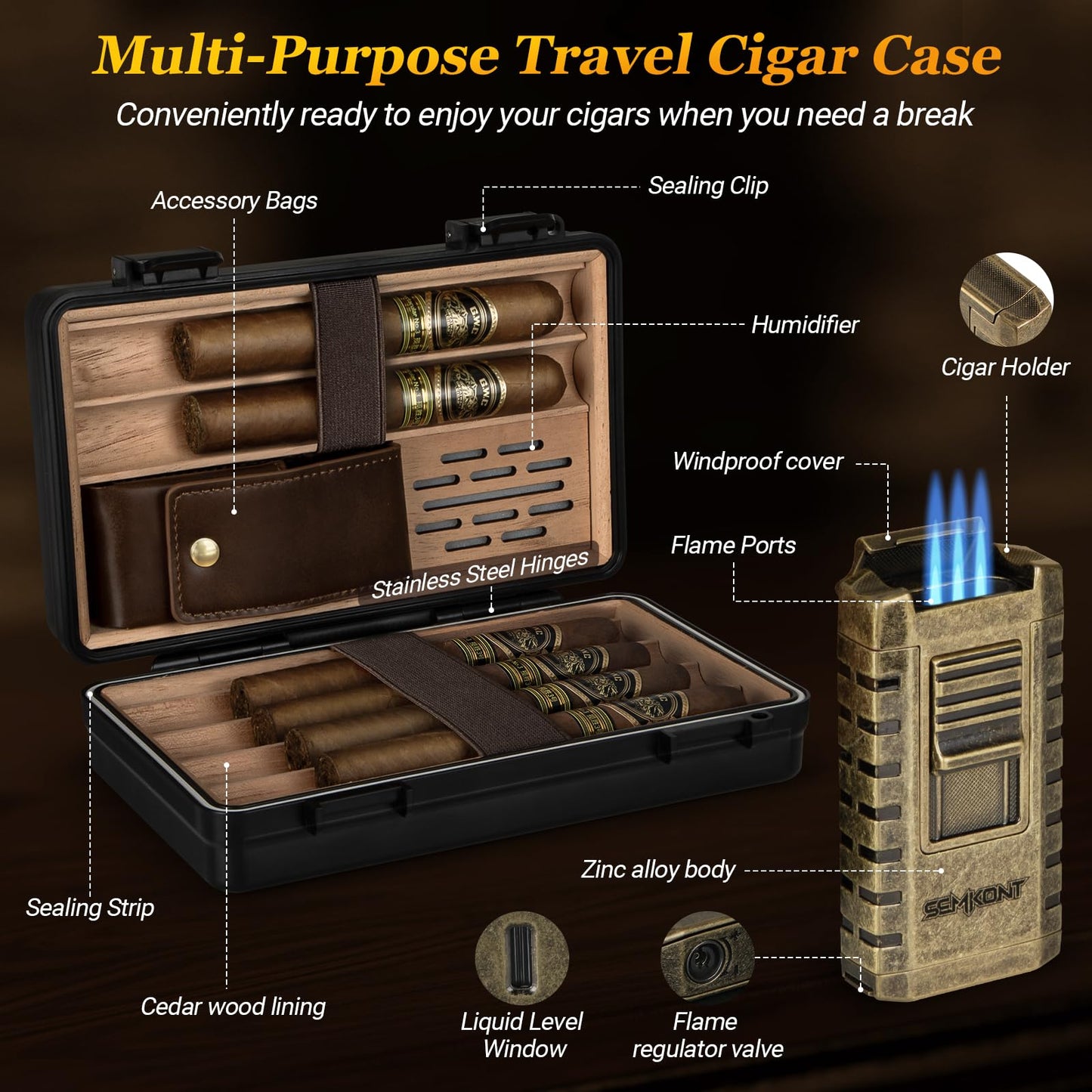 SEMKONT Travel Cigar Humidor, Portable Cedar Wood Lined Cigar Box, Waterproof Anti Pressure Sealed Cigar Storage Case, With Humidifier and Cigar Lighter Set, Can Holds 6 Cigars(Butane Not Included)