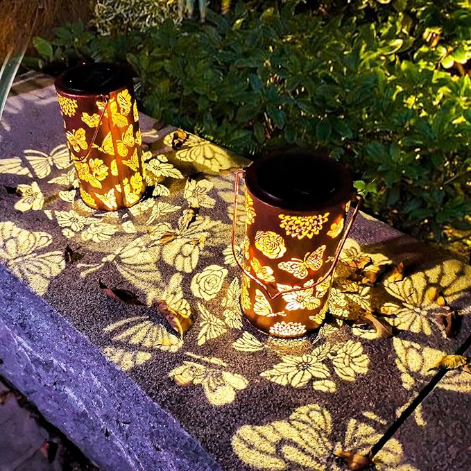 2 Pack Solar Lanterns Outdoor Waterproof Butterfly Birthday Gifts for Women Mom Grandma Garden Decor Flower Metal Hanging LED Decorative Light for Patio Yard Lawn Backyard Front Porch Gardening Gifts