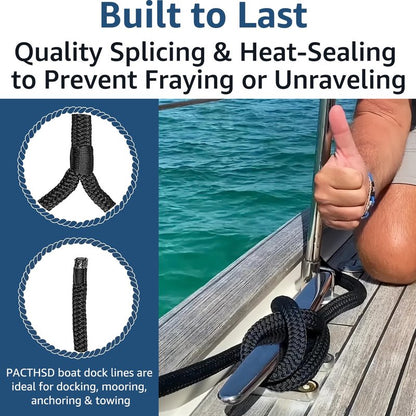 PACTHSD 2 Pack 1/2" x 15' Dock Lines - Marine Grade Nylon Boat Rope with 12" Loop for Docking and Mooring - Double Braided Boat Lines, High Strength, Easy Handling, Fray Resistant - Black