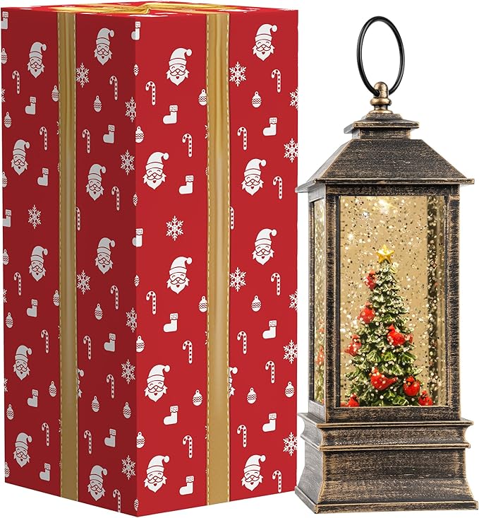 Christmas Snow Globe Lantern Water Glittering Christmas Tree with Music, USB Lined/Battery Operated Lighted Lantern for Christmas Festival Decoration Gifts