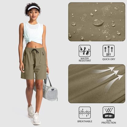 SANTINY Women's 5''/ 7''/9'' Hiking Cargo Shorts Quick Dry Lightweight Summer Shorts for Women Athletic Zipper Pockets(Dusty Khaki_XL)