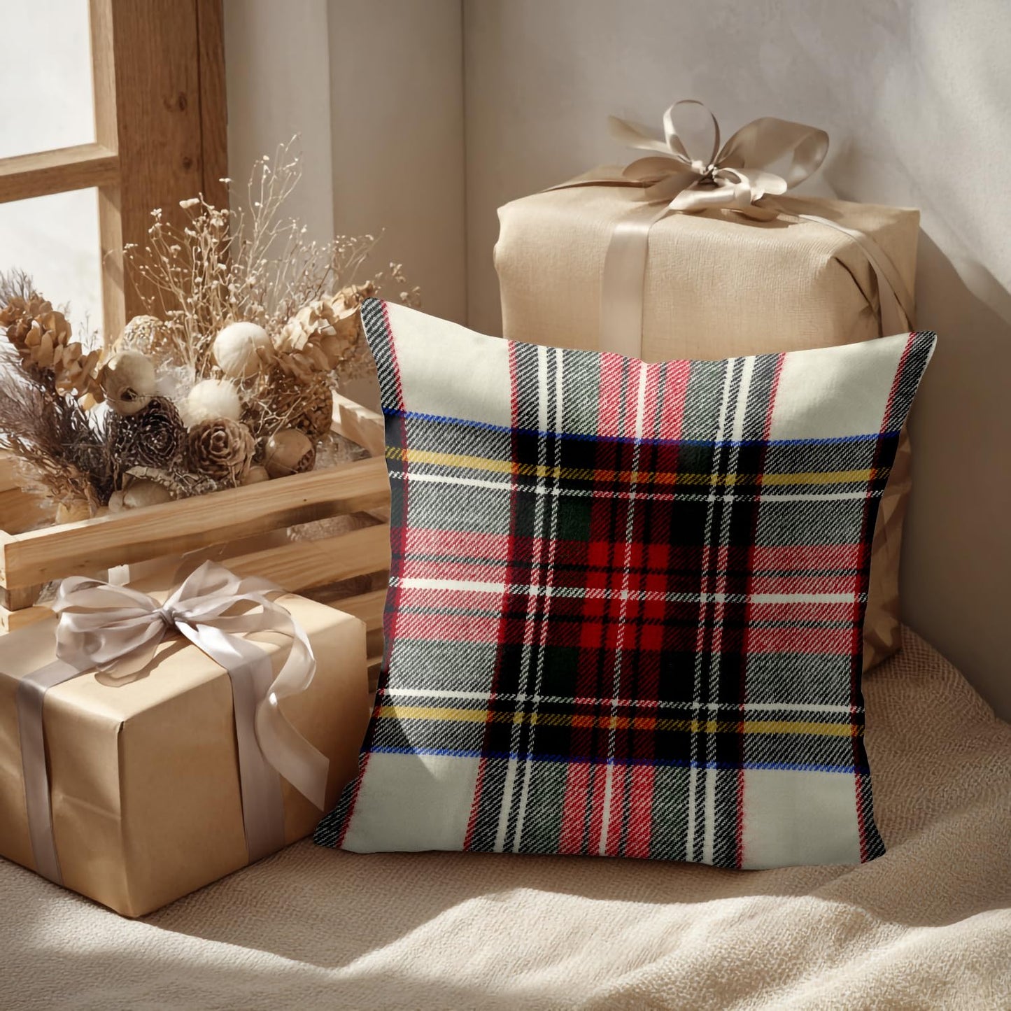 Batmerry Plaid Pillow Covers 18x18 Inch Set of 2, Scottish Tartan Red and White Wool Plaid Pattern Symmetric Square Print Double Sided Decorative Pillows Cases Throw Pillows Covers